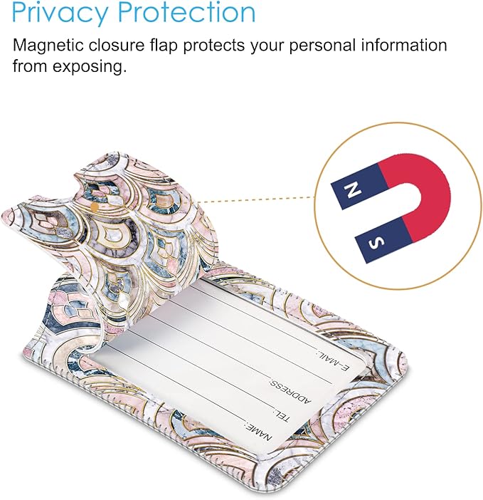 Fintie Luggage Tags, Privacy Cover ID Label with Stainless Steel Loop and Address Card for Travel Bag Suitcase - Marble Tiles (2 Piece)