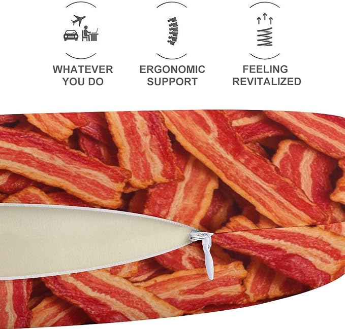 Fashion Travel Pillow Memory Foam Chin Head Support Bacon, Breathable Washable Cover for Women Men Airplane Car Decor