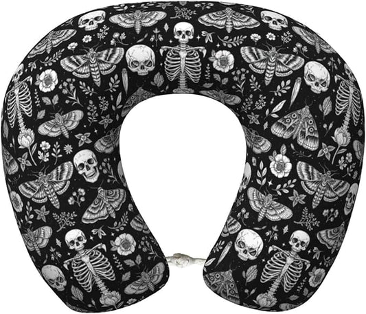 Breathable Neck Pillow for Sleeping Rest Nap Goth Skull Head Board Witch Black Art, Airplanes/Car/Home Memory Foam Travel Cushion with Polyester Cover Washable for Women Men