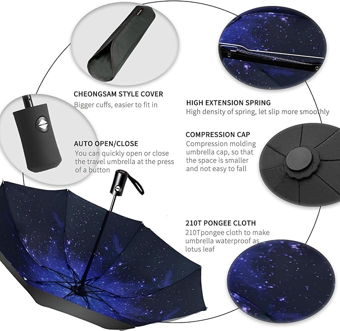 SIEPASA Compact Travel Umbrella - Windproof Auto Open/Close, Small Folding Umbrella for Rain - Lightweight & Durable with Fiberglass Frame, Waterproof Canopy - Fits Backpack, Purse, Suitcase. (Starry)