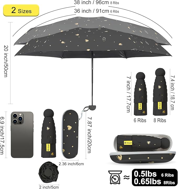 Compact Travel Umbrella - Mini Manual Umbrella for Purse, Windproof & UPF 50+ Sun & Rain Protection, Lightweight Portable Folding with Case for Women, Men，Kids