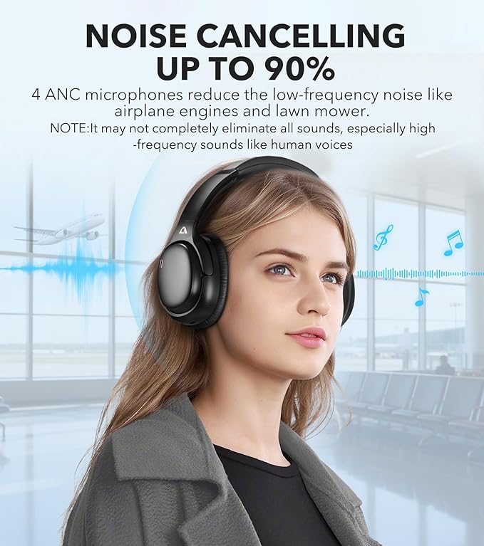 1Mii AI E700 Wireless Bluetooth Over Ear Headphones with Active Noise Cancelling, Hi-Res Audio LDAC/aptX Low Latency for Airplane Travel, AI Translation Voice Chat Custom EQ via App - Black