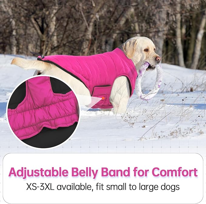 Lelepet Reversible Dog Coat Waterproof Dog Jacket Windproof Puffer Vest for Winter Warm Lightweight Coats for Small Dogs Adjustbale Hook & Loop Pet Apparel with Leash Hole, Pug, Rose Red, M