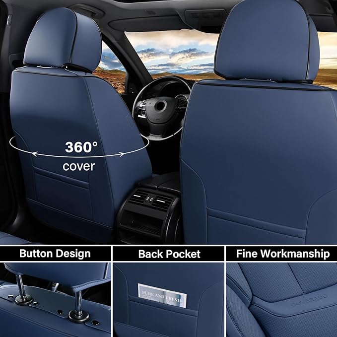 Coverado Car Seat Covers Full Set, Seat Covers for Cars, Car Seat Covers Front Seats and Back Car Seat Protector Waterproof, Leather Car Seat Cushion Universal Fit for Most Cars Blue