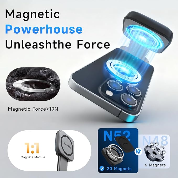 COOEXES Magnetic Car Phone Holder, Bendable Alloy Arm Car Mount with Vacuum Suction, All-in-one Dessign & 108LBS Strongest Suction & 360° Rotation for All MagSafe Phones iPhone 17 16 15 14 Pro Max