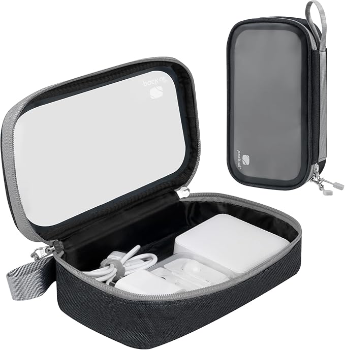 pack all Clear Electronic Organizer, TPU Cable Organizer Bag, Compact Cord Travel Organizer for Cables, Chargers, Phones, USB Cords, SD Cards (Black)