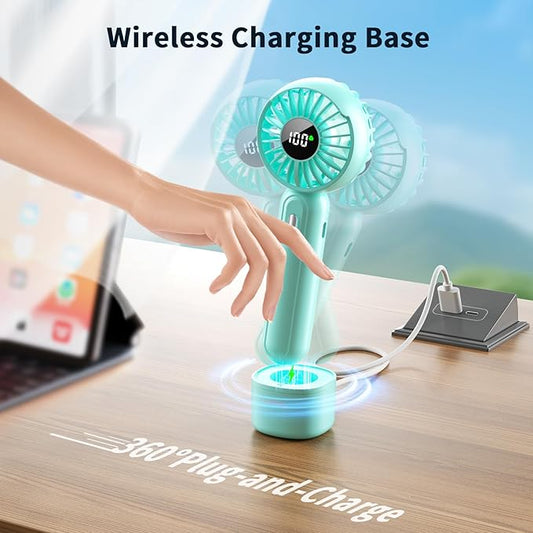 Handheld Fan with 𝗪𝗶𝗿𝗲𝗹𝗲𝘀𝘀 Charging Base, 3 Speeds Portable Fan with Digital Display, 2000mAh Battery Operated Hand Held Fan, Handheld/Desk 2 in 1 Personal Fan Lash Fan Makeup Fan (Blue)