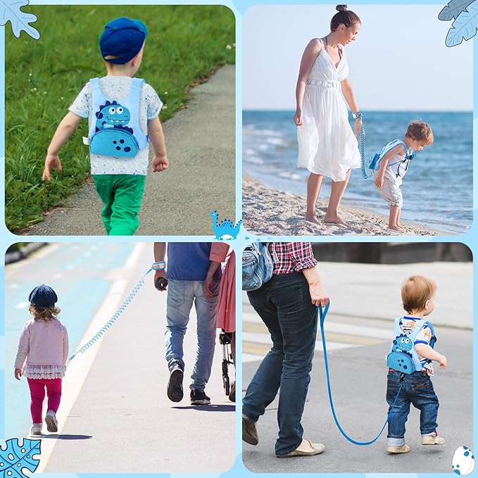 3 in 1 Toddler Harness Leash + 8.2ft Anti Lost Wrist Link, Cute Dinosaur Kids Safety Harness with Key Lock, Child Walking Harness Assistant Strap for Outdoor Activity Travel