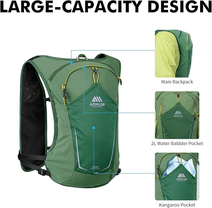 AONIJIE Running Hydration Vest for Men & Women, 8L Hydration Backpack, Multiple Pocket Designs for Water Bottles/Bladders, Lightweight Breathable for Hiking, Climbing, Marathon & Cycling - Green