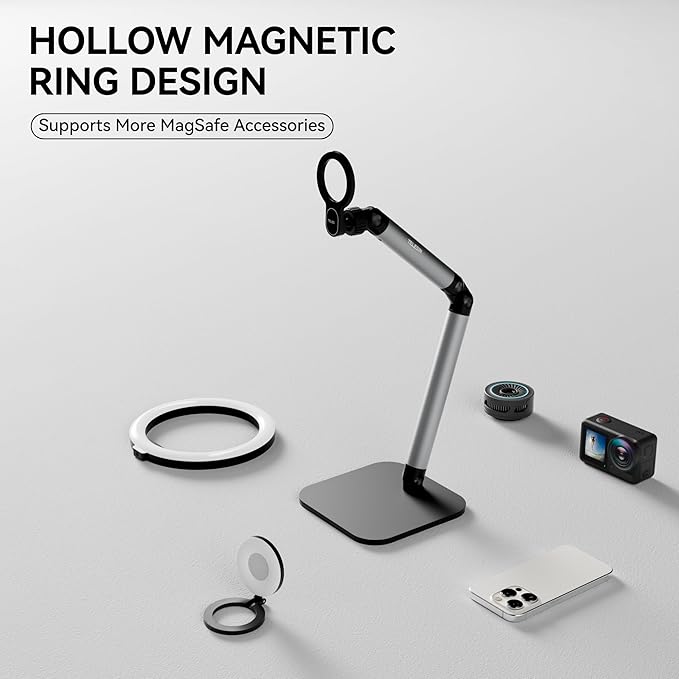 Phone Holder for Desk, with Magnetic Design, Tablet Stand for iPad, with Heavy Duty Metal Base, Desktop Stand Holder with 360° Rotation, Height & Angle Adjustable, for Video Calls, Vlog Recording