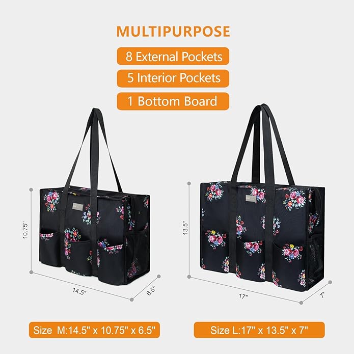 TOPDesign Utility Water Resistant Tote Bag with 13 Pockets, Top Zipper Closure & Thick Bottom Support, for Working Women
