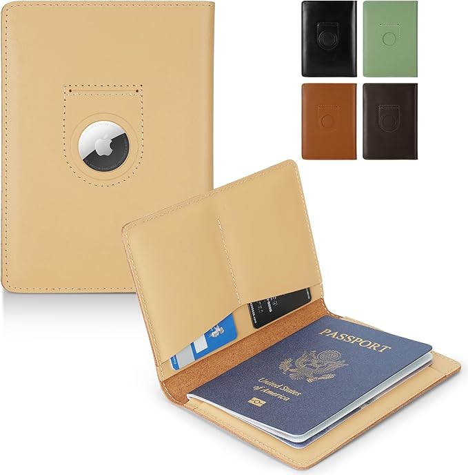 Full Grain Leather AirTag Passport Holder Wallet Cover for Men and Women Travel, Passport Holder with AirTag Slot Passport Wallet, Travel Essentials Genuine Leather Passport Cover Gifts (Beige)