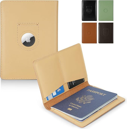 Full Grain Leather AirTag Passport Holder Wallet Cover for Men and Women Travel, Passport Holder with AirTag Slot Passport Wallet, Travel Essentials Genuine Leather Passport Cover Gifts (Beige)