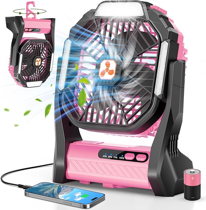 Portable Rechargeable Fan, 20000mAh Cordless Battery Powered Camping Tent Fans with SOS & LED Lantern, Small USB C Operated Outdoor Ventiladores for Travel Camp Fishing Office Home Essentials (Pink)