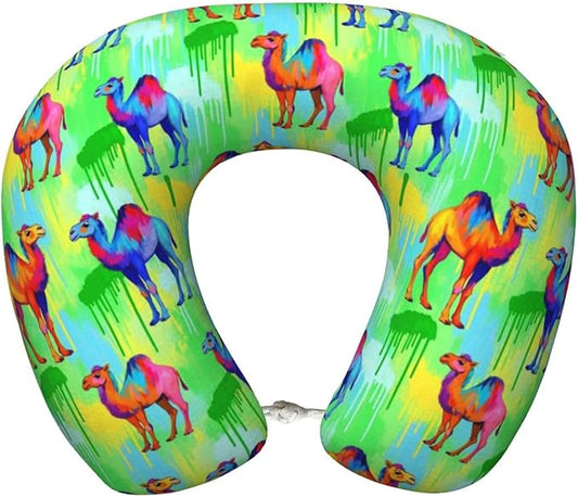 Funny Neck Pillow Support for Car Flight Rest Llama Alpaca Watercolor Camels Painting, Memory Foam U Shaped Decor Head Cushion for Home Outdoors Travel