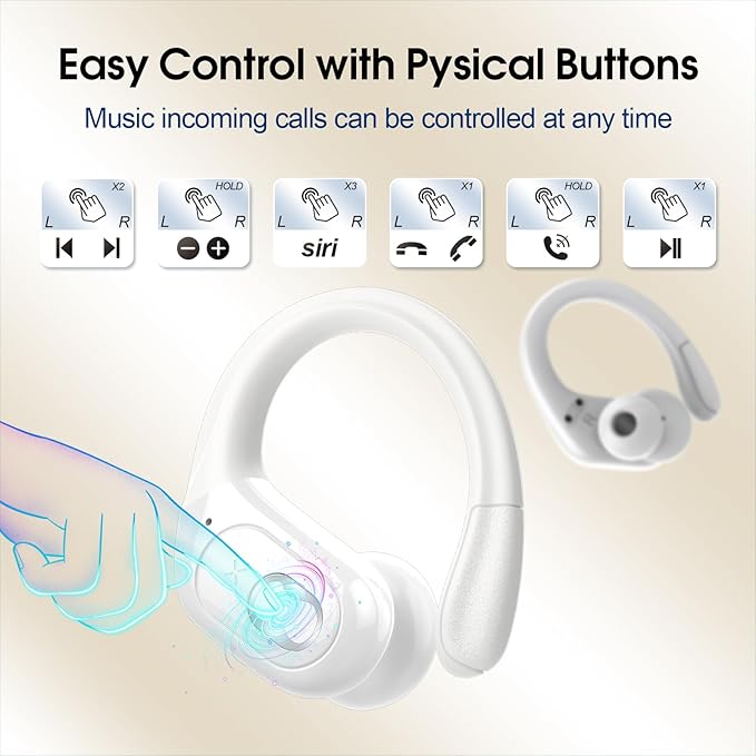Wireless Earbuds 75hrs Bluetooth 5.4 Headphone Sport, 2025 Bluetooth Earbuds Stereo Deep Bass Over Ear Bud with Earhooks, ENC Noise Cancelling Mic, IPX7 Waterproof Earphone White