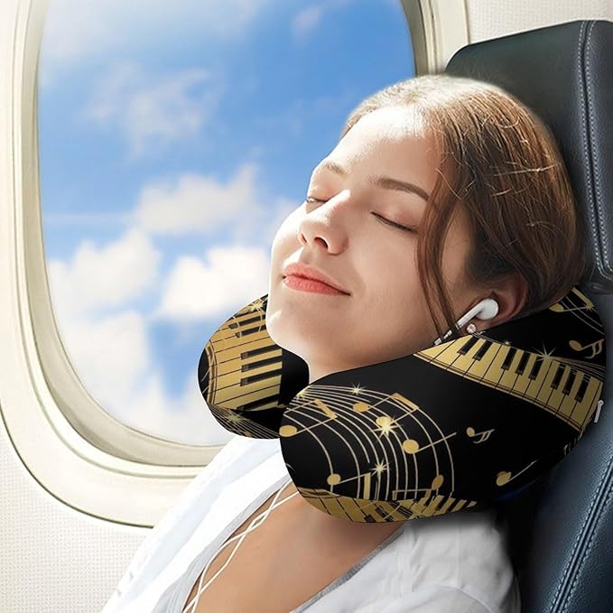 Comfortable Memory Foam Travel Neck Pillow Novel Music Note Prints, Washable Removable Cover, Chin Head Support for Airplane Car Office Pain Relief Sleeping