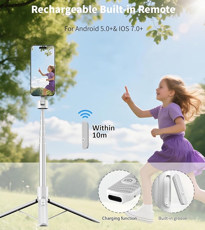 TONEOF 68" Magnetic Selfie Stick Tripod with Aluminum Strong Magnetic Holder for Magsafe, 360° Rotatable Travel Phone Tripod Stand with Metal Ring & Rechargeable Remote for iPhone/Android（White）