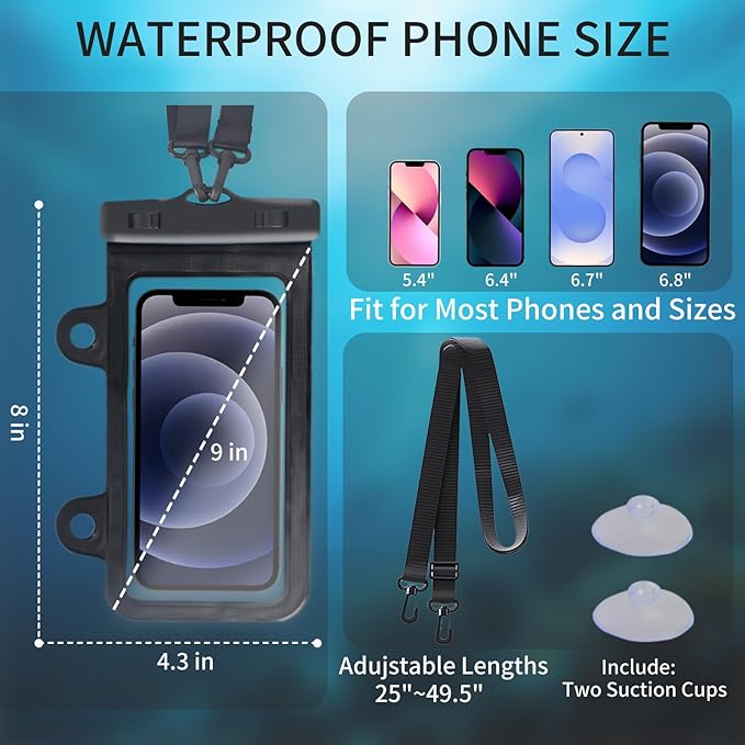 XL Waterproof Phone Pouch iPhone &Shower Phone Holder Waterproof with 2 Suction Cups,Water Phone Protector Pouch with Adjustable Lanyard,Floating Phone Case for iPhone 16 15 14 ProMax (Black)