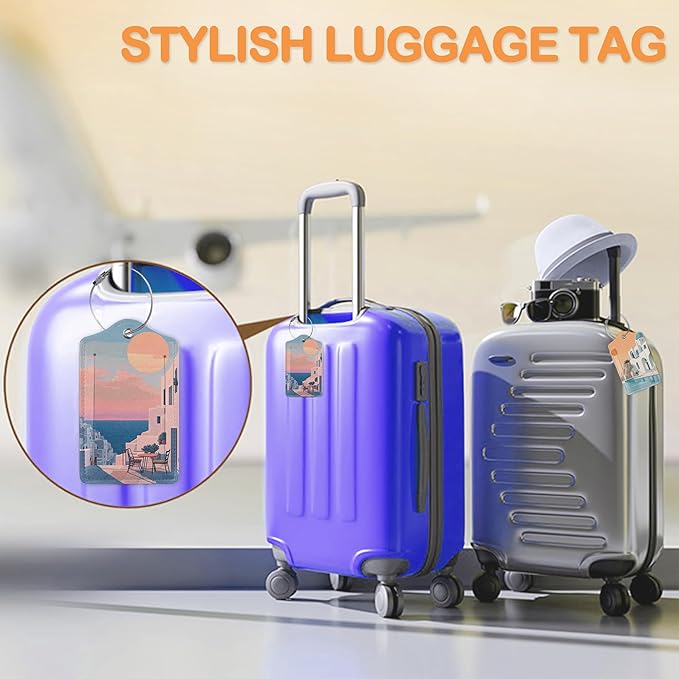 Vintage Sunset Light 3 PCS Luggage Tags, Sunset Seaside Town Leather Suitcase Tags with Privacy Cover Name Address Labels and Durable Steel Loop for Men/Women Travel Bag Suitcases
