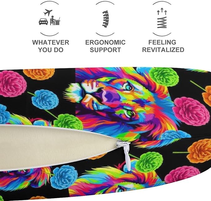 Pain Relief Travel Pillow Memory Foam Chin Support Watercolor Lion Art Painting, Breathable Washable Cover for Airplane Car Office