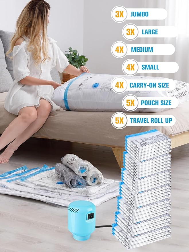 Vacuum Storage Bags with Electric Air Pump, New Air Valve Combo 28 Pack Compression Bag, Space Saving Vacuum Sealer Bag for Clothes, Blanket, Duvets, Pillows, Comforters, Travel, Two Compressing Ways