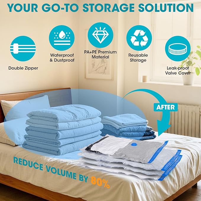 30 Pack Vacuum Storage Bags with Hand Pump, 6Jumbo/ 6Large/ 6Medium/ 6Small/ 6Roll Compression Space Saver Vacuum Seal Bags for Clothing Travel Luggage Comforters Blankets Pillows Bedding