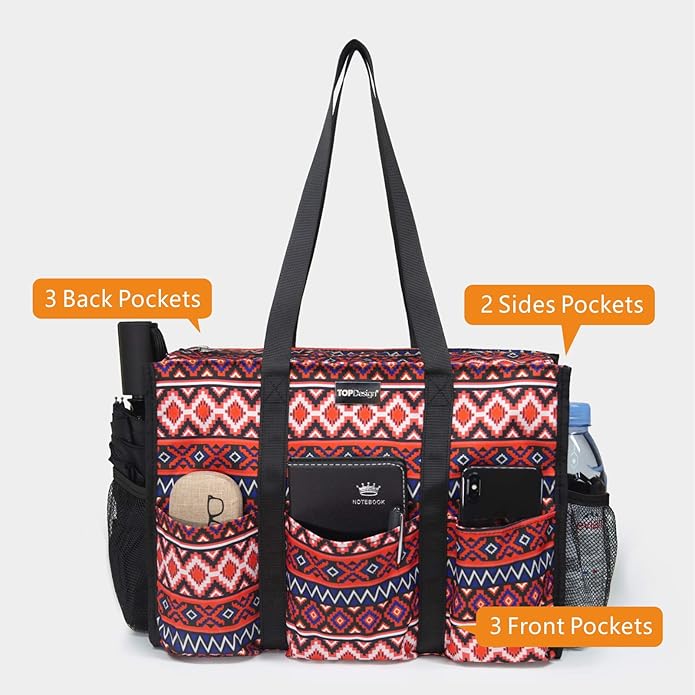 TOPDesign Utility Water Resistant Tote Bag with 13 Pockets, Top Zipper Closure & Thick Bottom Support, for Working Women