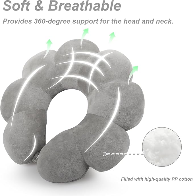 Sexysamba Flower Travel Neck Pillows for Airplanes Breathable Cotton U-Shaped Neck Pillow for Kids & Adults Head Neck Chin Support Rest Pillow for Traveling,Car,Train,Bus,Recline,Home,Office,Grey