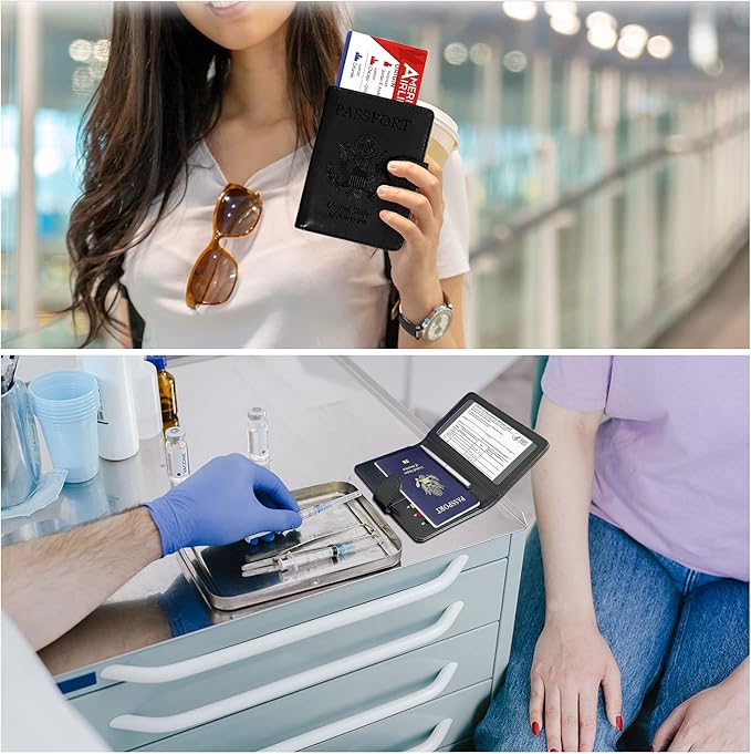 RSAquar Unisex Faux Leather Passport and Vaccine Card Holder Combo, Black, Slim and Lightweight with RFID Blocking Technology