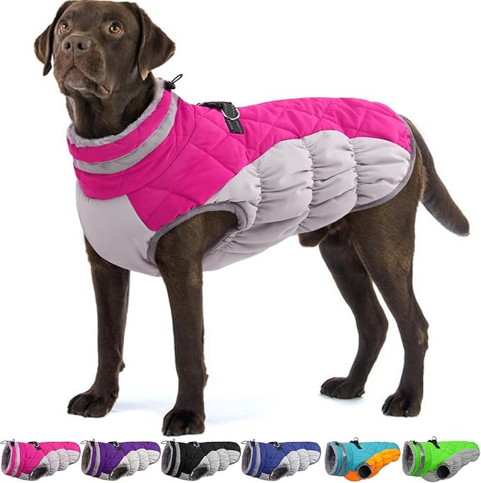 OUOBOB Large Dog Coat, XXLarge Dog Winter Coat, Waterproof Pet Jacket with Back Zipper,Extra Large Pet Coats, Warm Fleece Jacket with D-Ring, Windproof Winter Clothes Golden Retriever,Rose Red,XXL