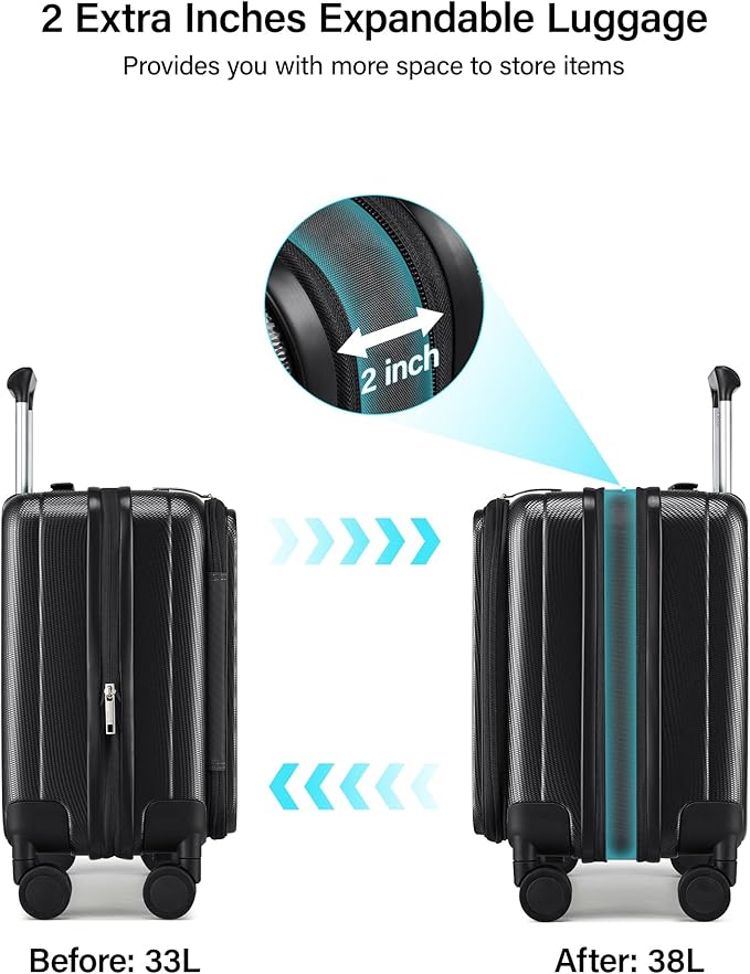 Hanke 16 Inch Expandable Under Seat Luggage with Wheels Top Opening Small Suitcase with Wheels Carry On Luggage Airline Approved Lightweight Hard Shell Suitcases for Weekender Overnight-Jet Black