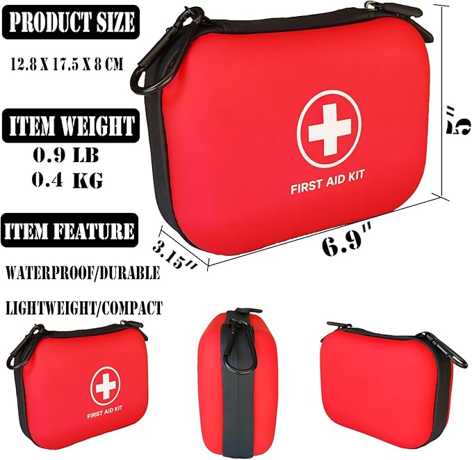First Aid Kit 196 Piece Waterproof Hard Shell Portable Survival Kit for Home, Camping, Cars, Hiking, Travel, Outdoor, Adventure Emergency Medical Kits (Red)