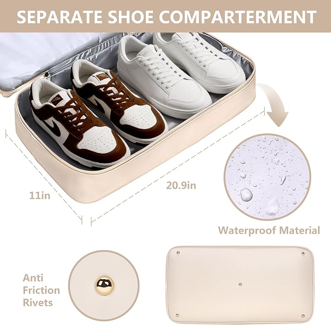 4PCS Leather Duffle Bags, Weekender Bag for Women Men, Large Travel Duffel-Overnight Bag with Toiletry, Makeup, Shoulder Bag, Faux Leather Carry On with Shoe Compartment (White)