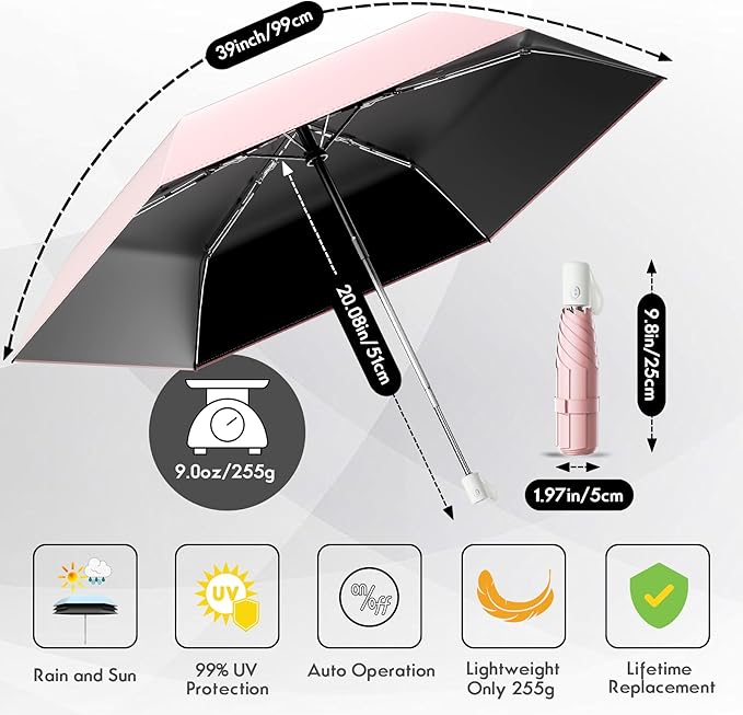 Automatic Mini Travel Windproof Folding Umbrella - UV Protection, Instant Open/Close for Rain/Sun, Small Compact Lightweight Design Fits in Tote Bag/Travel Case/Backpack for Commute, Women & Men