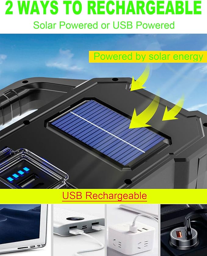 Rechargeable Solar LED Searchlight Lantern, Super Bright 6000LM Handheld Spotlight, Multifunctional LED Camping Lamp Flashlight, 6 Light Modes, Waterproof IPX4, for Emergency, Home