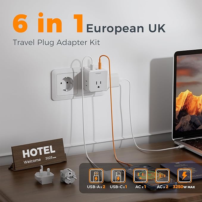 TESSAN European UK Travel Plug Adapter Kit, Universal Detachable Travel Adapter with 3 USB (1 PD 20W) and 3 AC Outlets, Type C G E F Europe Ireland Power Adaptor, US to EU Italy France Greece Spain