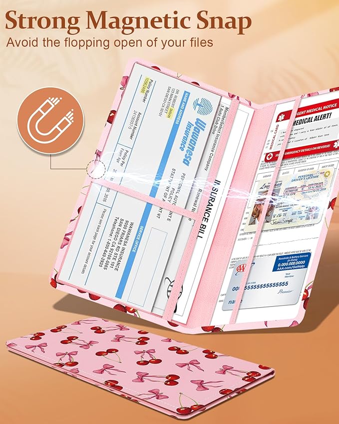 Slohif Car Registration and Insurance Holder - Cherry Vehicle Glove Box Organizer Women with Magnetic Shut Leather Automobile License Holders Coasters Auto Accessories Case for Document