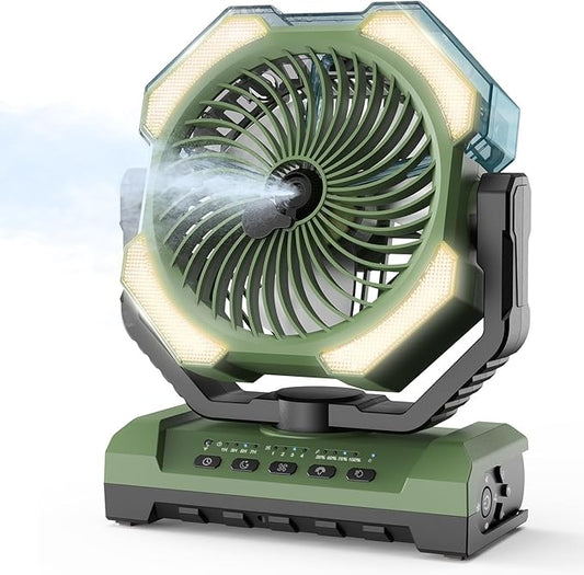 Camping Misting Fan - Portable Rechargeable Fan with 9oz Tank, Light, Hook - Battery Power 120H MAX Working, Fast Cooling, 4 Speed, Timer, Sleep Mode, for Outdoor, Travel, Patios, Beach