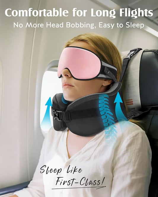 YFONG Travel Pillow for Long Flight Airplanes, Head Strap Combo with 3D Contoured Eye Mask for Sleep, Neck Pillow for Car Trip Essential, 360° Support Memory Foam Headrest, Prevent Head Bobbing, Pink