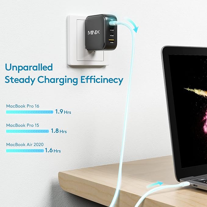 MINIX NEO P3 100W Turbo 4-Port GaN Wall Charger, 3 x USB C port Fast Charging Power Adapter(Max 100W/20W), 1 USB-A (Max 18W). Compatible with MacBook Pro Air, iPad Pro, iPhone 17/16 Pro Max,Galaxy S23