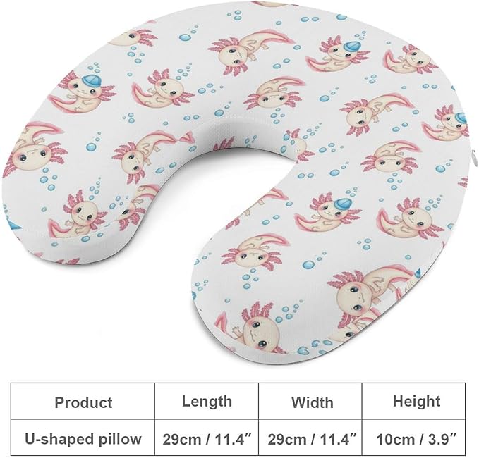 Funny Travel Neck Pillow Memory Foam U Shaped Cushion Cute Adorable Axolotl White, Washable Cover for Men Women Teens Airplane Car Sleep