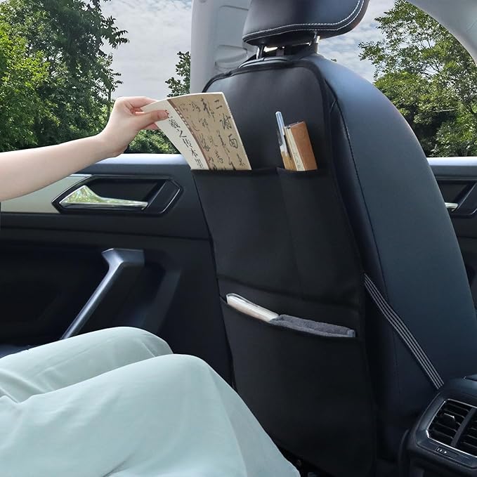 Kick Mat Back Seat Protector Waterproof Leather Car Seat Back Organizers Cover with 3 Storage Pockets for Kids Pets SUV Sedan Minivan Truck Car Travel Accessories (Black 2-Pack)