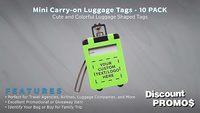 10 Mini Carry-on Luggage Tags Pack - Customizable Text, Logo - Flip Open Cover, ID Sticker - Lime Green