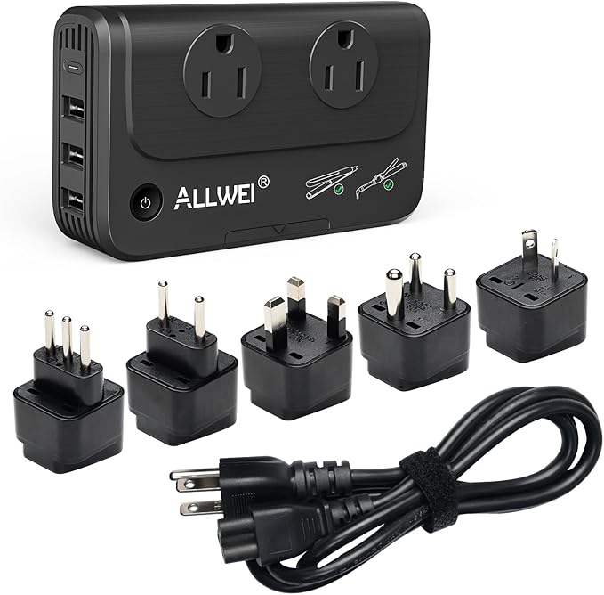 ALLWEI Travel Voltage Converter 220V to 110V Power International Travel Adapter for Hair Straightener/Curling Iron, Universal Power Plug Adapter UK, US, AU, EU, IT, India (Black)