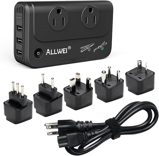 ALLWEI Travel Voltage Converter 220V to 110V Power International Travel Adapter for Hair Straightener/Curling Iron, Universal Power Plug Adapter UK, US, AU, EU, IT, India (Black)