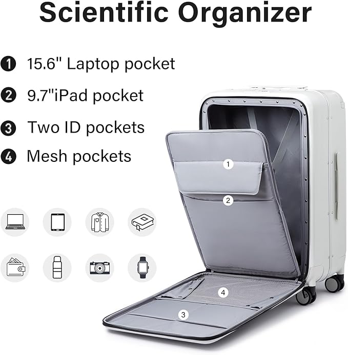 MILADA Wide Handle Luggage with Front Pocket Hardshell Aluminium Check In Suitcase with Wheels Medium 24 Inch Front Opening Checked Luggage with Spinner Wheels TSA Lock Airline Approved Luggage, White
