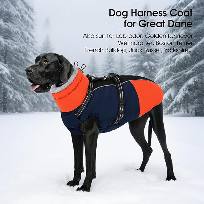 SUNFURA Dog Coat, Dog Jacket for Large Dogs with Harness Built in, Warm Pet Winter Coat Zip Up Snow Jacket with Furry Collar for Boston Terrier, French Bulldogs, Blue L