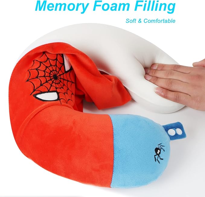 Superhero Travel Pillow for Kids & Adults with Sleep Eye Mask, Memory Foam U-Shaped Neck Pillow with Washable Cover, Soft Head Support Travel Accessories for Airplane Car Train Bus Recline, Red