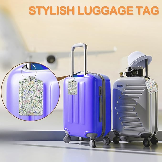 Colorful Vintage Watercolor Wildflower 3 PCS PU Leather Luggage Tags for Suitcase, Luggage Tag with Privacy Flap, Name ID Label and Metal Loop for Women Men Baggage Handbag School Bag Backpack